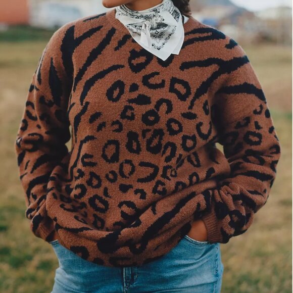 ⭐️ Rilke Leopard Cheetah Cat Chic Glam Girly Winter Classy Tunic Sweater Dress - Picture 4 of 9